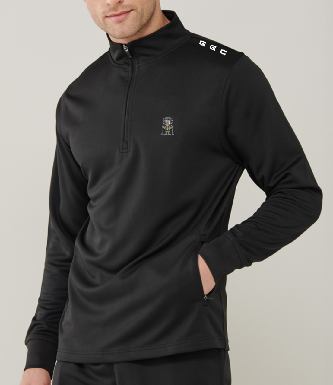 male model wearing golf god clothing back quarter zip 